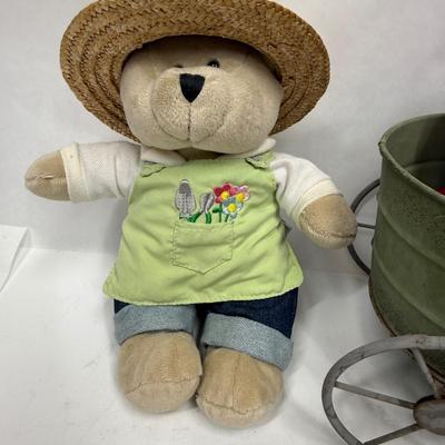 Plush Gardener Bear with metal wagon loaded with produce