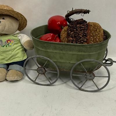 Plush Gardener Bear with metal wagon loaded with produce