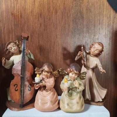 LOT 70D: Wooden Trinket Shelf with Dept 56 Nativity, Swedish Candle Holders, Angels & More