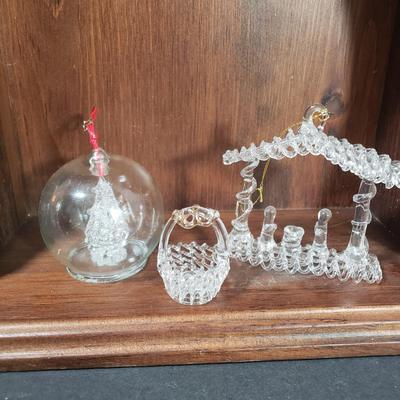 LOT 70D: Wooden Trinket Shelf with Dept 56 Nativity, Swedish Candle Holders, Angels & More