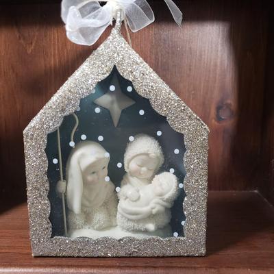 LOT 70D: Wooden Trinket Shelf with Dept 56 Nativity, Swedish Candle Holders, Angels & More