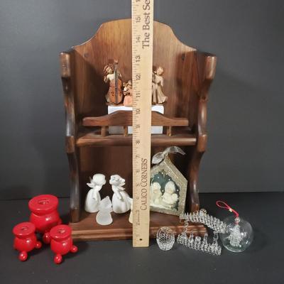 LOT 70D: Wooden Trinket Shelf with Dept 56 Nativity, Swedish Candle Holders, Angels & More