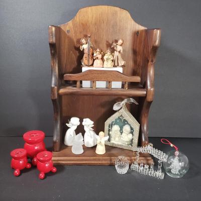 LOT 70D: Wooden Trinket Shelf with Dept 56 Nativity, Swedish Candle Holders, Angels & More
