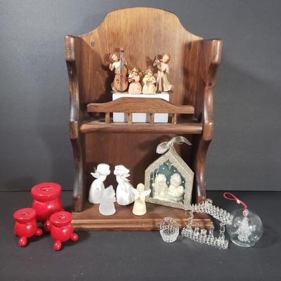 LOT 70D: Wooden Trinket Shelf with Dept 56 Nativity, Swedish Candle Holders, Angels & More