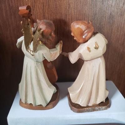 LOT 70D: Wooden Trinket Shelf with Dept 56 Nativity, Swedish Candle Holders, Angels & More