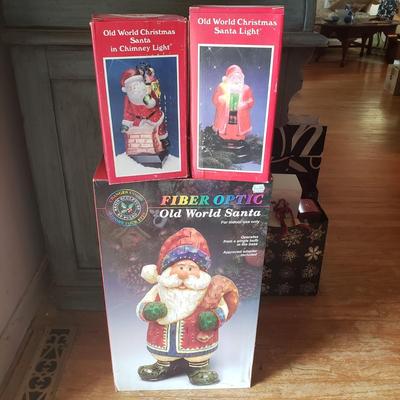 LOT 72L: Fiber Optic Standing Santa & 2 Old World Christmas Santa Tabletop Lights
