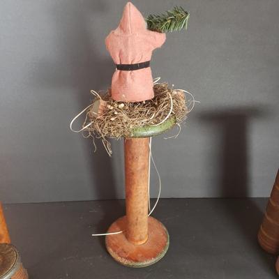 LOT 73D: Antique Wooden Spools & Bobbins; One Decorated for Christmas