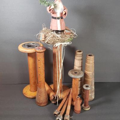 LOT 73D: Antique Wooden Spools & Bobbins; One Decorated for Christmas