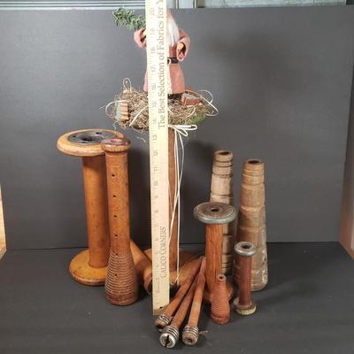 LOT 73D: Antique Wooden Spools & Bobbins; One Decorated for Christmas