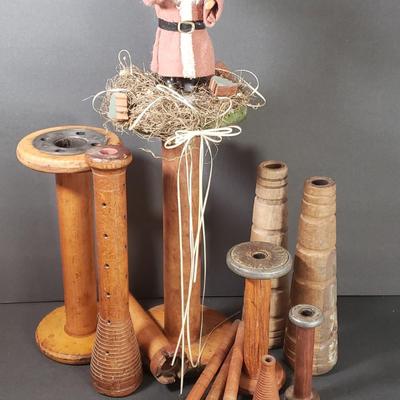 LOT 73D: Antique Wooden Spools & Bobbins; One Decorated for Christmas
