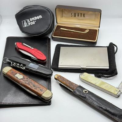 LOT 82J: Collection of Pocket Knives, Wallet, Swank Golf Club Pin & More
