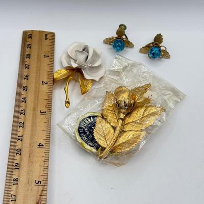 LOT 83J: Austrian Vienna Wood Leaves 24kt Gold Plated Pin & More