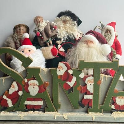 LOT 90G: Wooden Santa Sign w/ Collection of Santa’s - Vintage & Modern