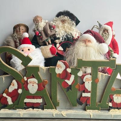LOT 90G: Wooden Santa Sign w/ Collection of Santa’s - Vintage & Modern