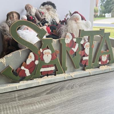 LOT 90G: Wooden Santa Sign w/ Collection of Santa’s - Vintage & Modern