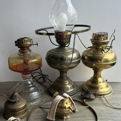 LOT 95G: Brass Electric “Oil” Lamps, Glass Oil Lamp & More
