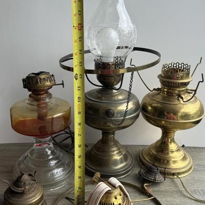 LOT 95G: Brass Electric “Oil” Lamps, Glass Oil Lamp & More