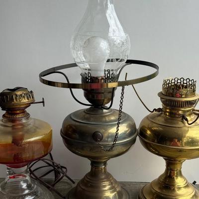 LOT 95G: Brass Electric “Oil” Lamps, Glass Oil Lamp & More