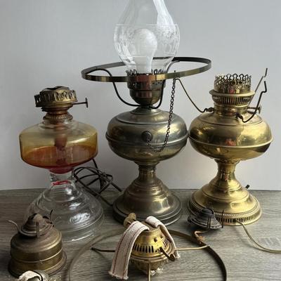 LOT 95G: Brass Electric “Oil” Lamps, Glass Oil Lamp & More