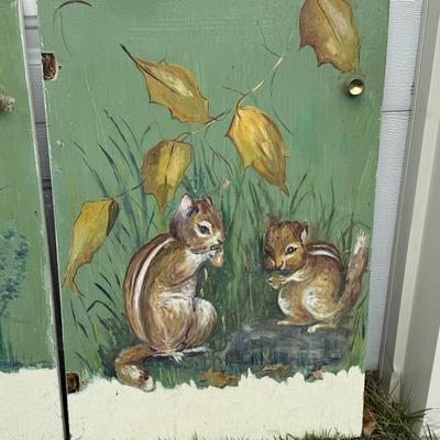 LOT 98G: Painted Woodland Creature Cabinet Doors by Local Pitman Artist Sylvia Ashley, Local NJ Glass Bottles & More