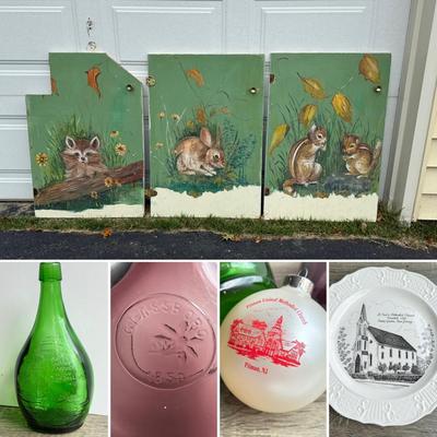 LOT 98G: Painted Woodland Creature Cabinet Doors by Local Pitman Artist Sylvia Ashley, Local NJ Glass Bottles & More