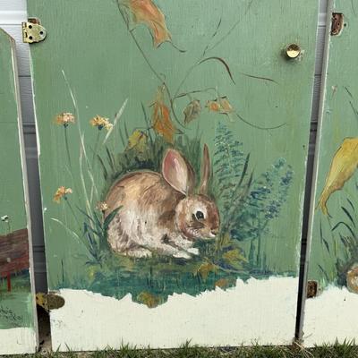 LOT 98G: Painted Woodland Creature Cabinet Doors by Local Pitman Artist Sylvia Ashley, Local NJ Glass Bottles & More