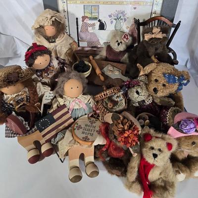 LOT 101G: Framed Print with Bears and Wooden Dolls