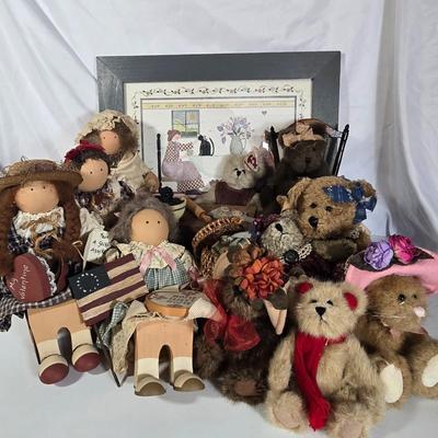 LOT 101G: Framed Print with Bears and Wooden Dolls