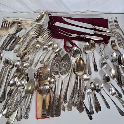 LOT 104G: Silverplate Serving Utensils, Including Cheese Knives, Absinthe Spoons, and Carving Set