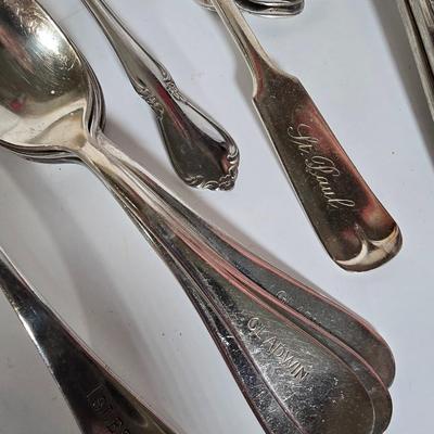 LOT 104G: Silverplate Serving Utensils, Including Cheese Knives, Absinthe Spoons, and Carving Set