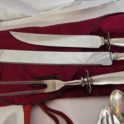 LOT 104G: Silverplate Serving Utensils, Including Cheese Knives, Absinthe Spoons, and Carving Set