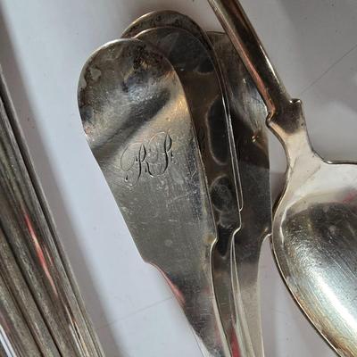 LOT 104G: Silverplate Serving Utensils, Including Cheese Knives, Absinthe Spoons, and Carving Set