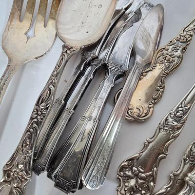 LOT 104G: Silverplate Serving Utensils, Including Cheese Knives, Absinthe Spoons, and Carving Set