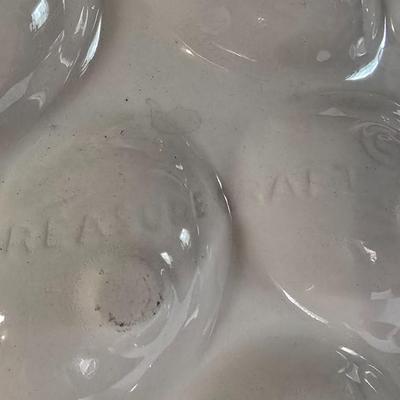LOT 112G: Deviled Egg Platter, Stainless Steel Mixing bowl, Cast Iron Trivet and Apple Decor