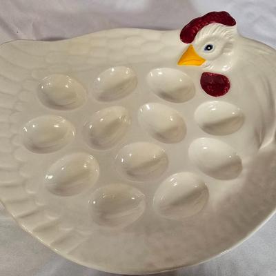 LOT 112G: Deviled Egg Platter, Stainless Steel Mixing bowl, Cast Iron Trivet and Apple Decor