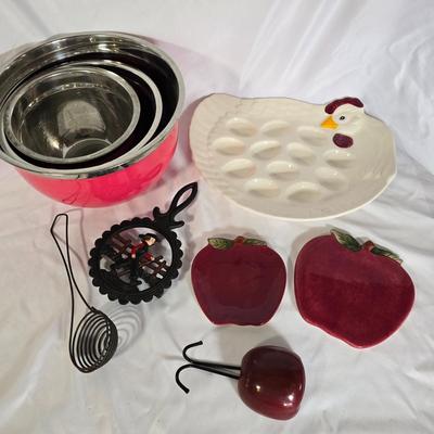 LOT 112G: Deviled Egg Platter, Stainless Steel Mixing bowl, Cast Iron Trivet and Apple Decor