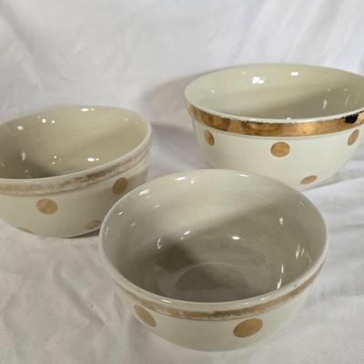LOT 113G: Uranium Glass Measuring Cups, Gold Rimmed Ceramic Mixing Bowls, and 2 Glass Canisters