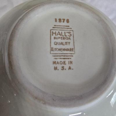 LOT 113G: Uranium Glass Measuring Cups, Gold Rimmed Ceramic Mixing Bowls, and 2 Glass Canisters