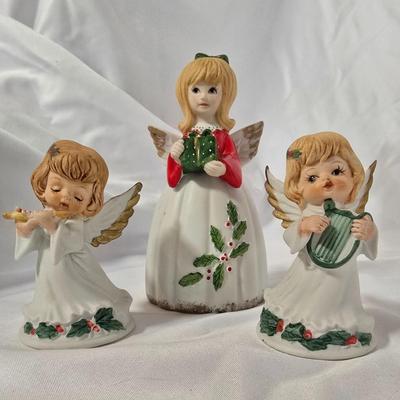 LOT 117G: Willow Tree Figurines, 70's Era Ceramic Angels, Glass Bell, and New In Box Angel Ornaments
