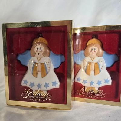 LOT 117G: Willow Tree Figurines, 70's Era Ceramic Angels, Glass Bell, and New In Box Angel Ornaments
