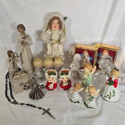 LOT 117G: Willow Tree Figurines, 70's Era Ceramic Angels, Glass Bell, and New In Box Angel Ornaments