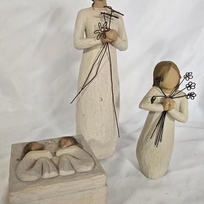 LOT 117G: Willow Tree Figurines, 70's Era Ceramic Angels, Glass Bell, and New In Box Angel Ornaments