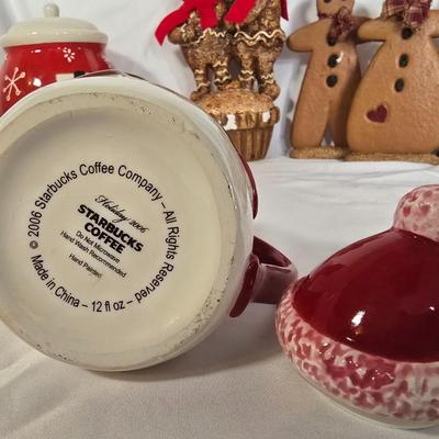 LOT 118G: Yankee Candle Accessories, Starbucks Mug, Hallmark Cookie Jar, and Gingerbread Men