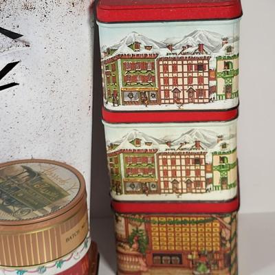 LOT 123G: Variety of Vintage Christmas Holiday Decorations Including Themed Tins, Norman Rockwell Plate and More