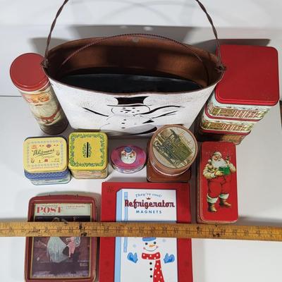LOT 123G: Variety of Vintage Christmas Holiday Decorations Including Themed Tins, Norman Rockwell Plate and More