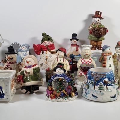LOT 135G: Vintage Collection of Christmas Holiday Snowmen Including Candle Holders, Ornaments and More