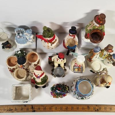LOT 135G: Vintage Collection of Christmas Holiday Snowmen Including Candle Holders, Ornaments and More