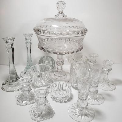 LOT 142D: Antique Late 1800s Large Covered Compote with Collection of Tabletop Crystal and Glassware