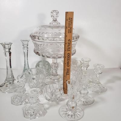 LOT 142D: Antique Late 1800s Large Covered Compote with Collection of Tabletop Crystal and Glassware