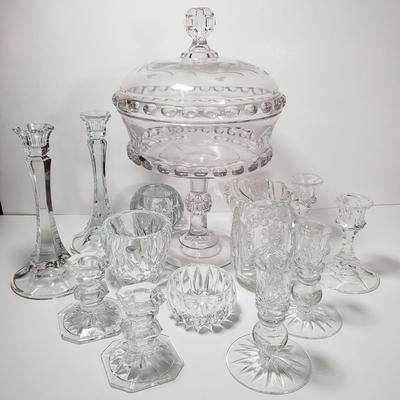 LOT 142D: Antique Late 1800s Large Covered Compote with Collection of Tabletop Crystal and Glassware